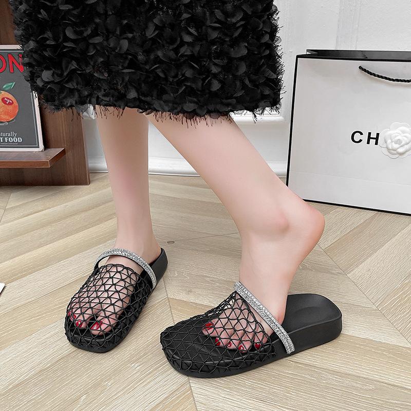 Summer New Fisherman Flat Bottom Round Head Baotou Half Slippers European and American Niche Fishing Net Woven Hollow Roman Cool Slippers