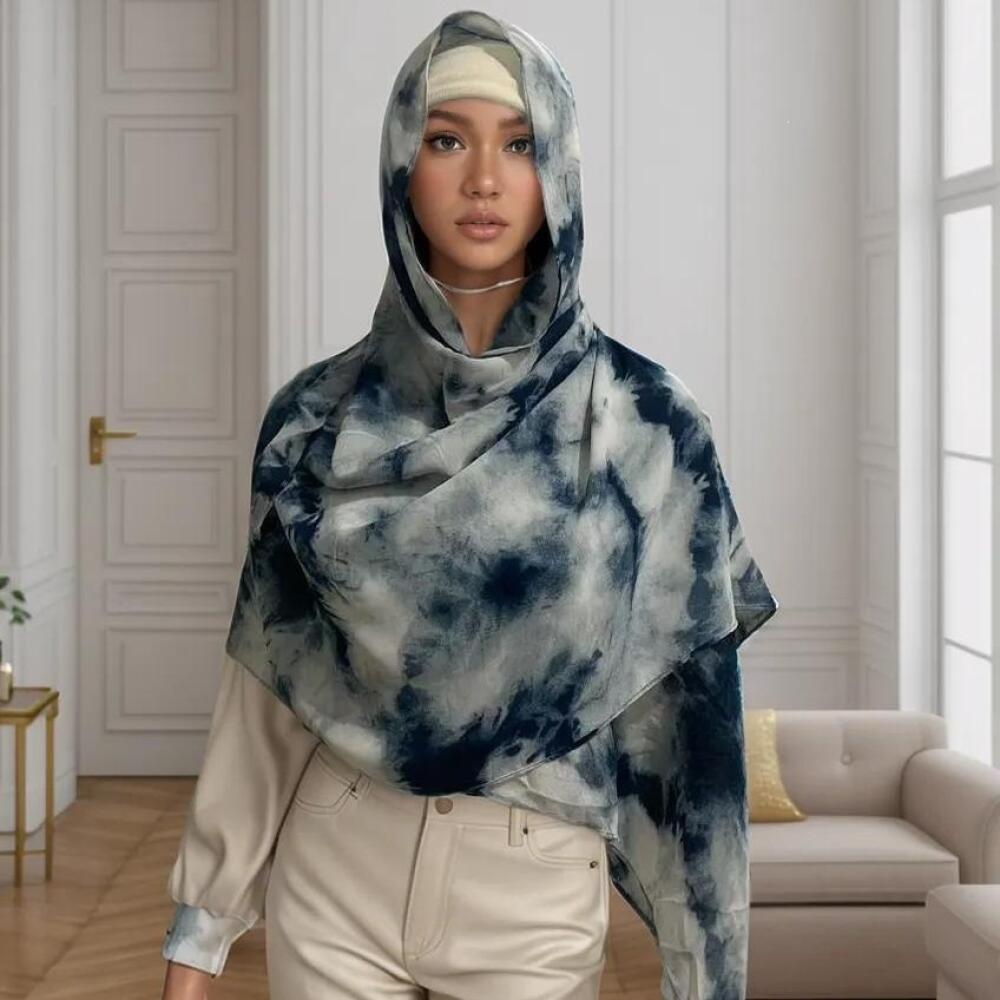 Batik Watercolor Painting Satin Silk Long Tudung Bawal Hijab Shawl, Scarf for Women Spring Summer Daily Casual Hijab Accessories