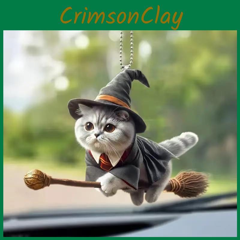 Cute Riding Broom Magic Cat Pattern Acrylic Pendant Car Decoration Accessories