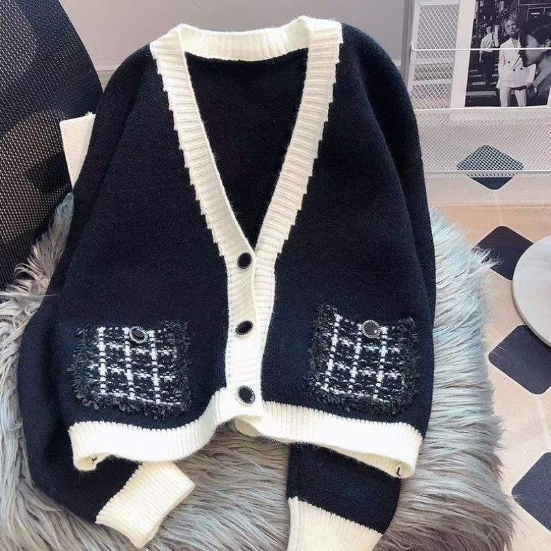

Knitted cardigan sweater jacket women s autumn and winter thick new top high-end feel good-looking XL чорний
