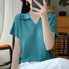 Women Knit T-shirt Summer Knitted Shirt Short Sleeve Tees Turn-down Collar Pullover Knit Tops Female