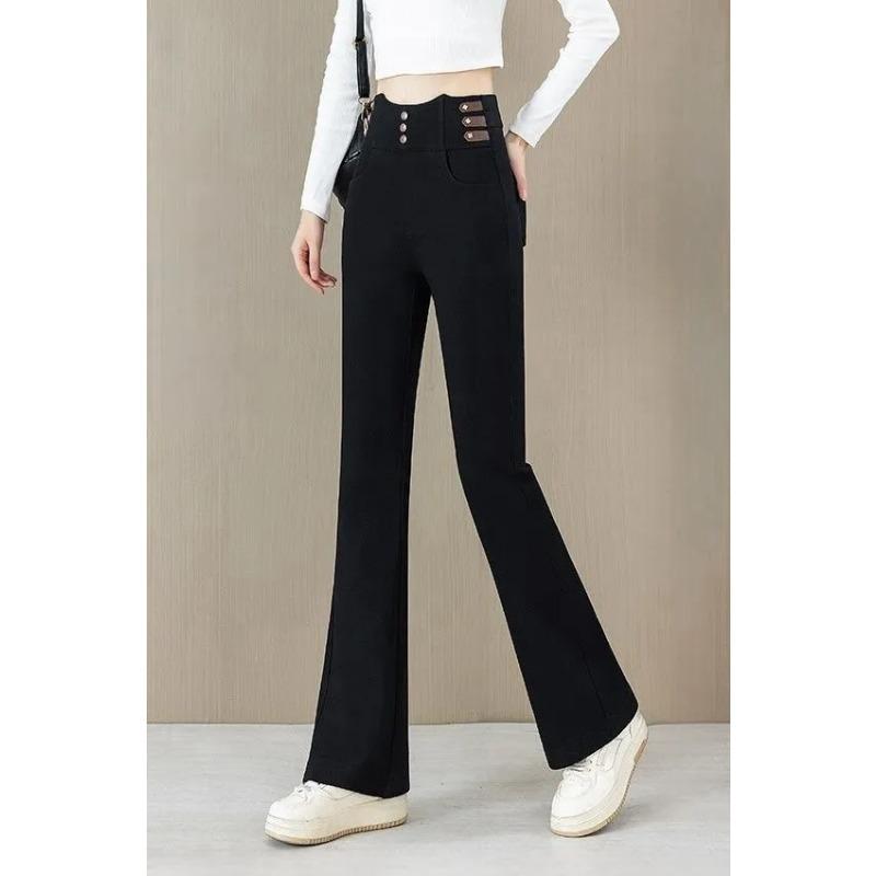 Women s High-Waisted Flared Pants with Decorative Button Detail S