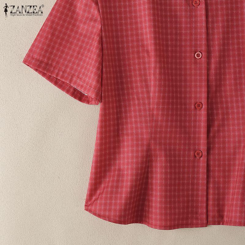ZANZEA Women Casual Turn Down Collar Short Sleeve Grid Print Blouse