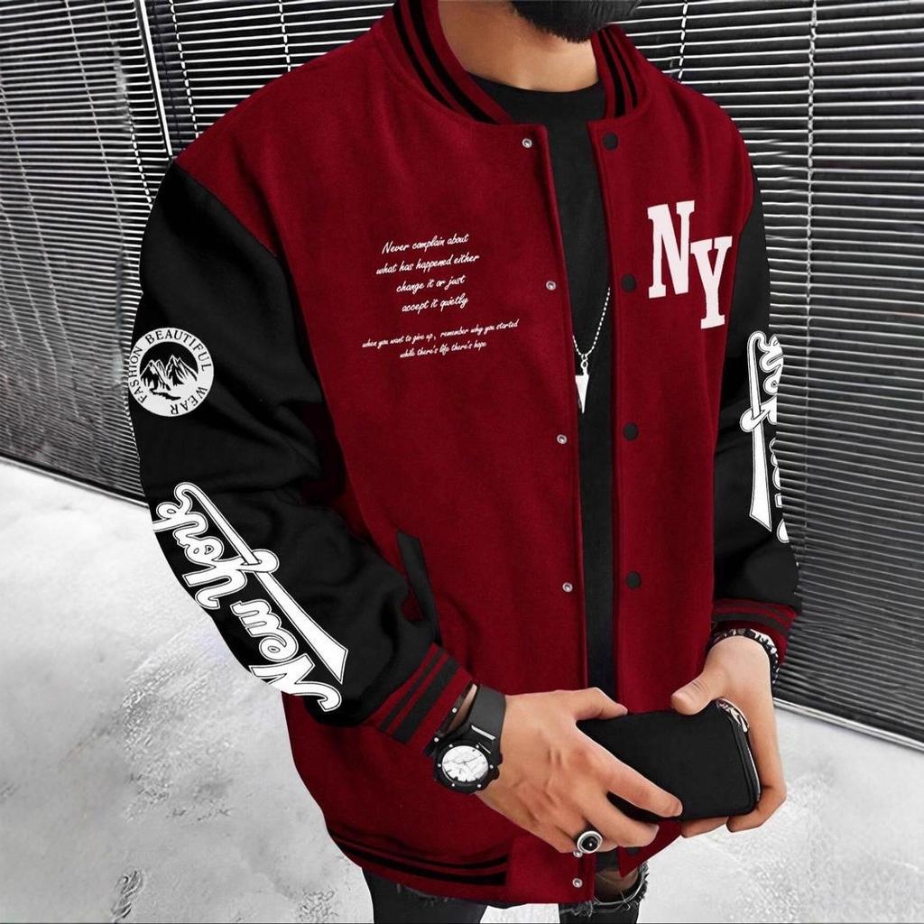 Men's Alphabet Print Baseball Collar Bomber Jacket Loose Casual Sports Long-sleeved Varsity Jacket Suitable for Autumn and Winter