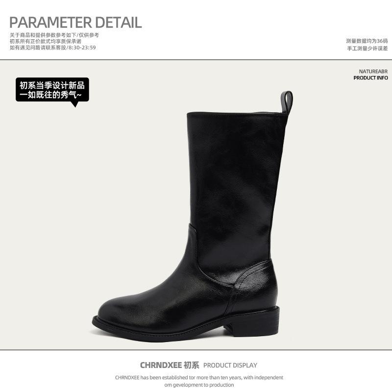 

Cowhide version~ Korean version thick heel leather medium tube knight boots women s 2025 autumn and winter new low heel Chelsea Martin boots 40 чёрный