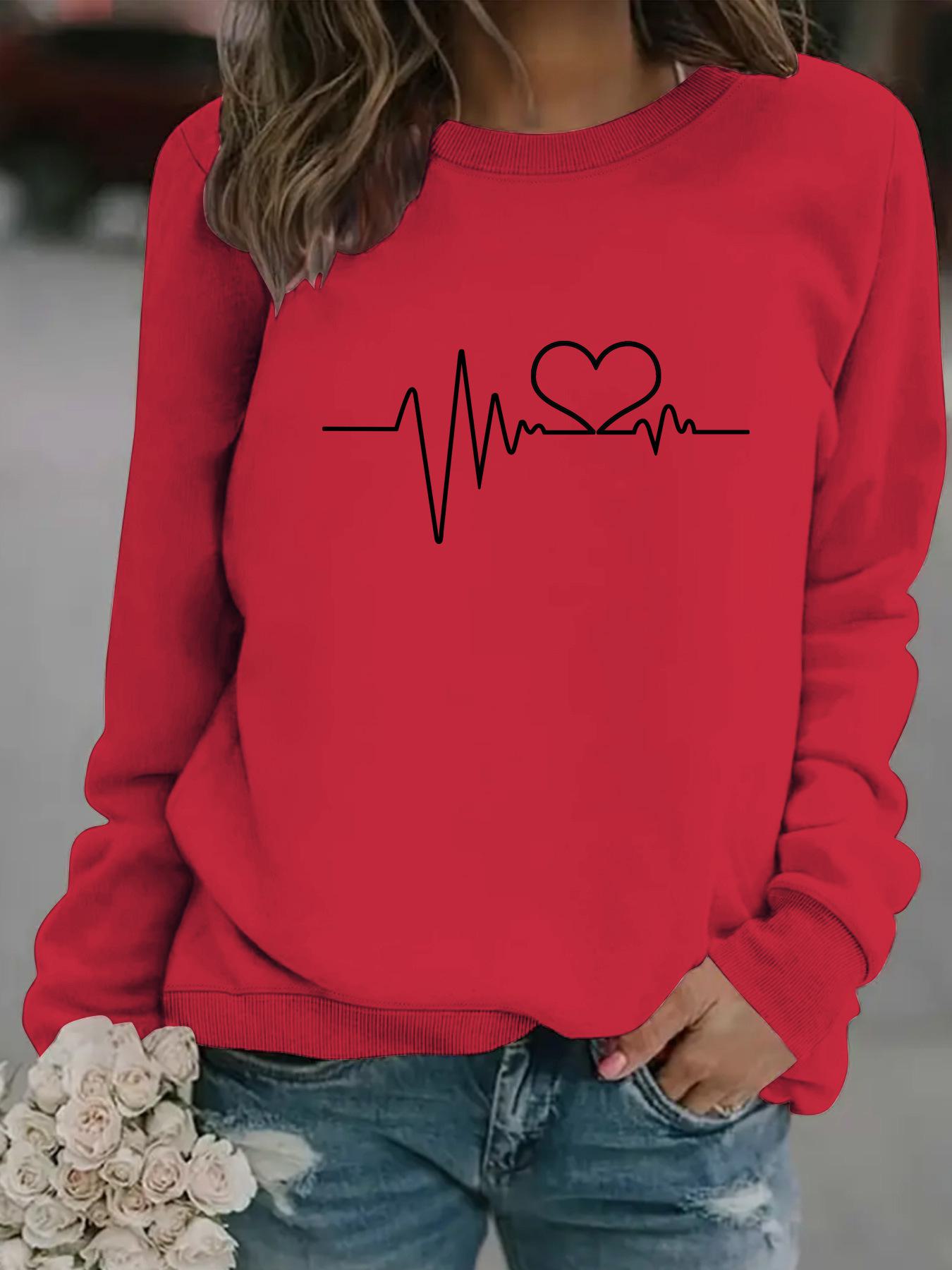 

Casual Long-Sleeved Round Neck Heartbeat Print Sweatshirt for Women S красный