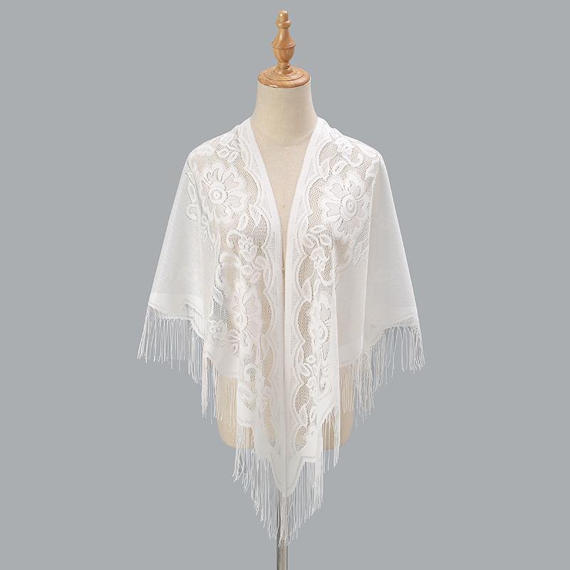 

Lace Cutout Floral Embroidery Triangle Scarf with Tassels - Breathable Women s Shawl 180x75 cm