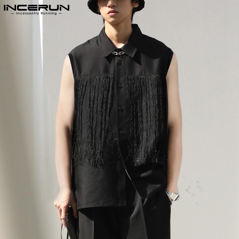 

INCERUN летние черные лоскутные мужские модные рубашки без рукавов с воротником на бретелях, повседневные свободные топы больших размеров