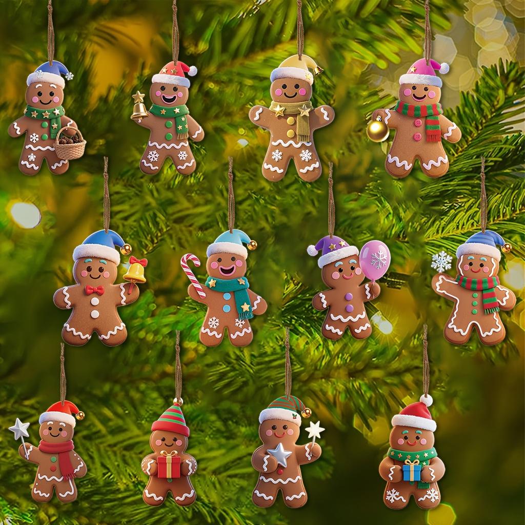 12Pcs Wooden Christmas Gingerbread Man Ornaments Xmas Tree Hanging Pendants New Year Party Home Decoration Kids Diy Gift