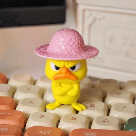 Angry Little Yellow Duck Figurine 4Pcs 3D Printed Figurines, Mini Grumpy with Straw Hat, Compact Ornament for Monitor Stand Cute Cross-Arms