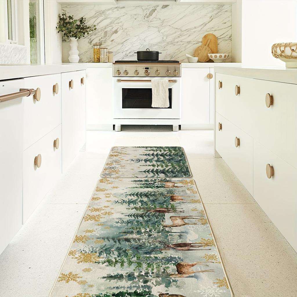 1Pcs Anti Fatigue Kitchen Rugs Xmas Trees Deer Snowflakes Waterproof Non-Slip Thick Cushioned Kitchen Mat Heavy Duty Comfort Standing Mat for Kitchen