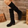 Fashion 2024Women Boots Winter Black Over The Knee Boots Comfort Lace Up High Heels Shoes Fashion Warm Round Toe Pleated Long Tube Boots