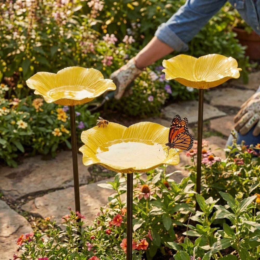 Iron Floral Sculpture Bee Watering Station Rust-resistant Wavy Curved Petal Butterfly Water Feeder UV Resistant Handcrafted