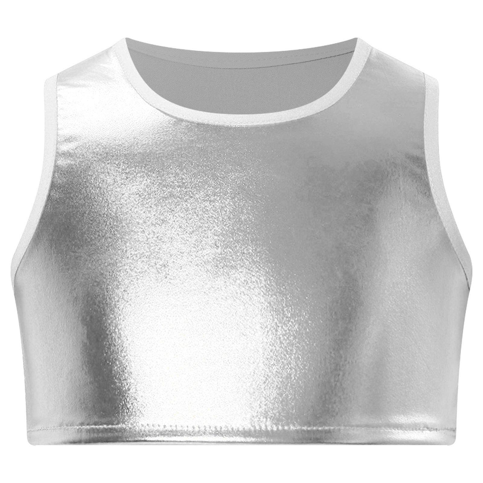 

Girls Shiny Metallic Sleeveless Crop Top Round Neck Vest Dance Stage Performance Costume Recital Wear Sparkly Top Apparel for Kids Dance Show 11-12 Years