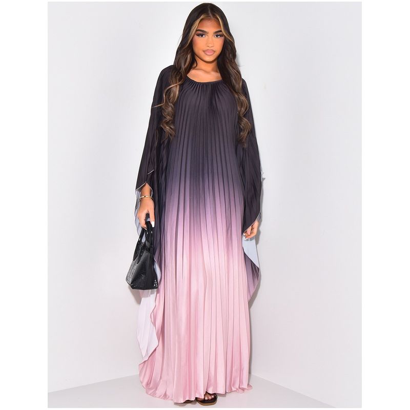 Amazon European and American Middle East Batwing Sleeve Women Summer Fashion Gradient Pleat Print Long round Neck Dress Dress