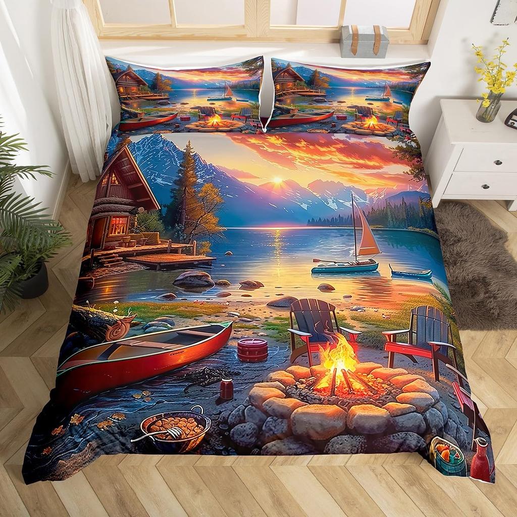 Camper Theme Duvet Cover Set for Teens Adults Kids Queen Size Quilt Cover with 2 Pillowcase Bonfire Evening Bedding Set 3 Pieces