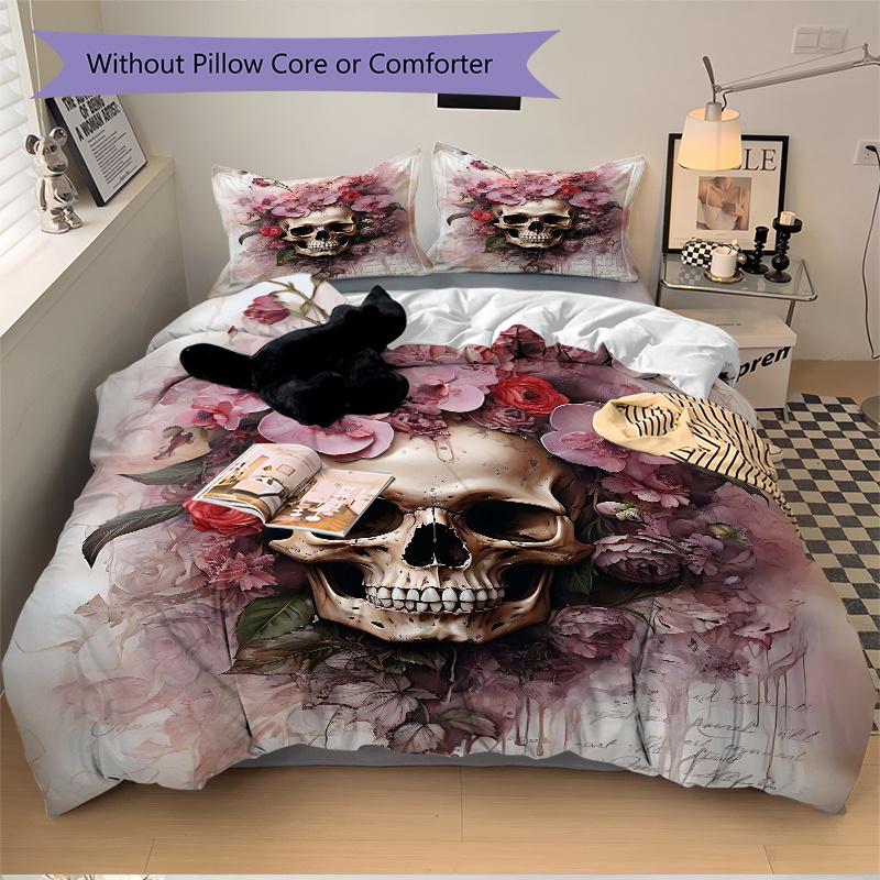 3pcs Skull & Blooms Quilt Set - Soft and Comfortable Bedroom, Guest Room and Dorm Decor Bedding Set 1 Quilt Cover + 2 Pillowcases.W080