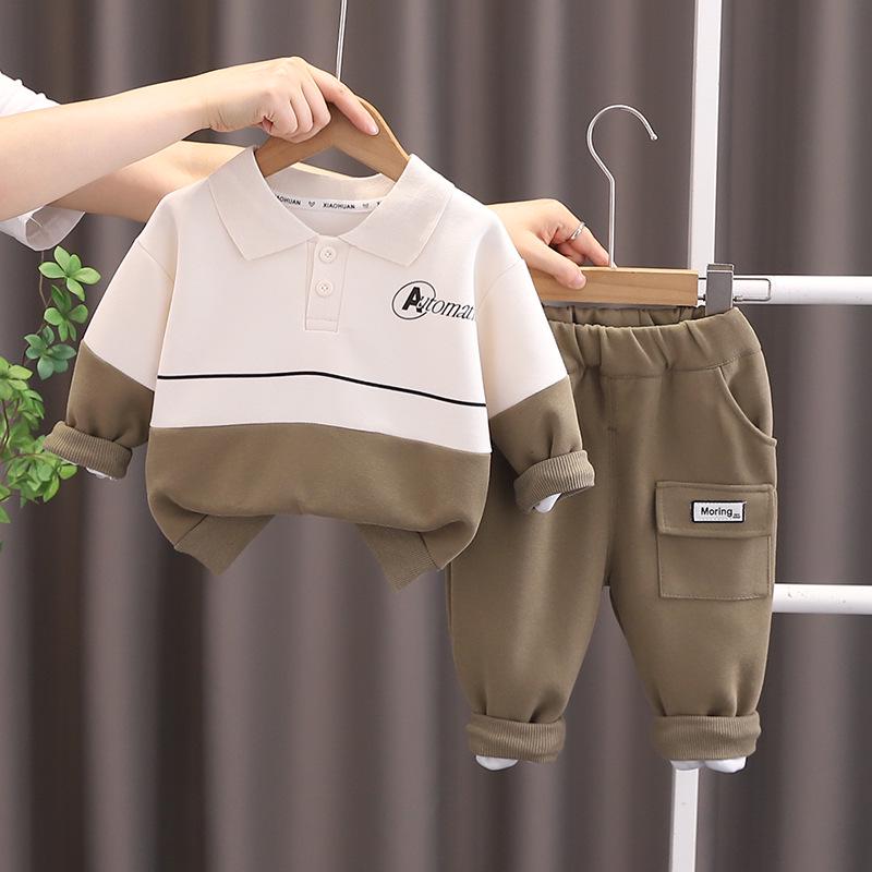 

2025 Spring/Autumn Baby Boy Color Block Polo Shirt & Sweatpants Two-Piece Set 110cm бежевый