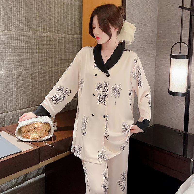 [White Tea Qinghuan] 11-year-old new printed pajamas for women's spring and autumn long-sleeved double-breasted ice and snow silk loungewear for women