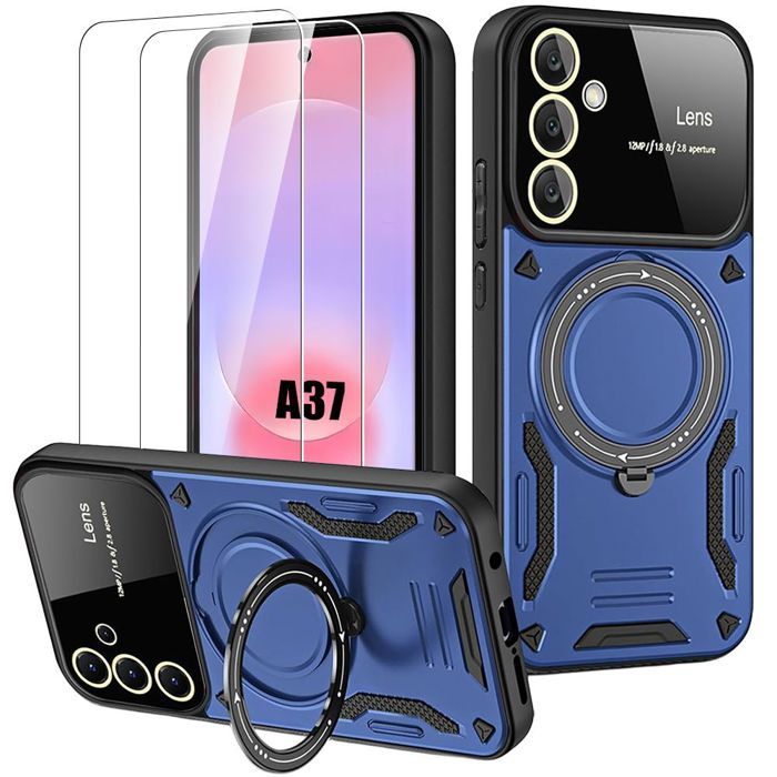 Coque + 2 Verres Trempés pour Samsung Galaxy A37 5G, Antichoc avec Cercle Magnétique - Bleu Marine