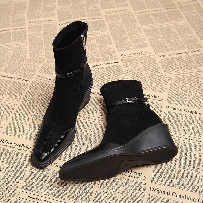 Paneled Booties Vintage Square Toe Suede Side Zipper Soft Sole Non-Slip Wear-Resistant Wedge