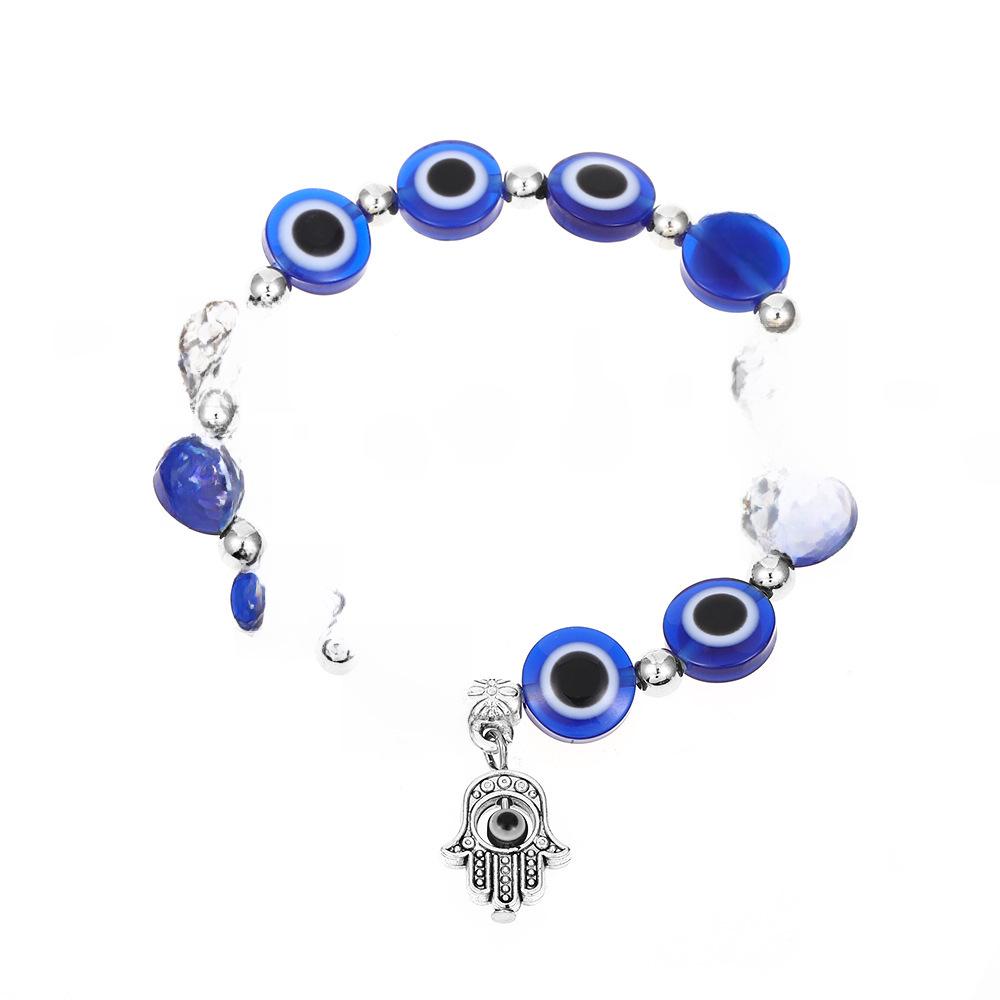 Blue Devil Eye Resin Bead Bracelet with Fatima Palm Pendant