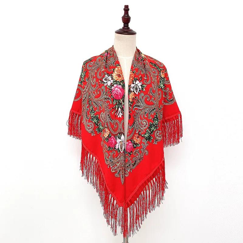 Floral Printed Bohemian Scarf Fringed Shawl Headscarf Russian Babushka Scarves Women National Muslim Head Wrap Square