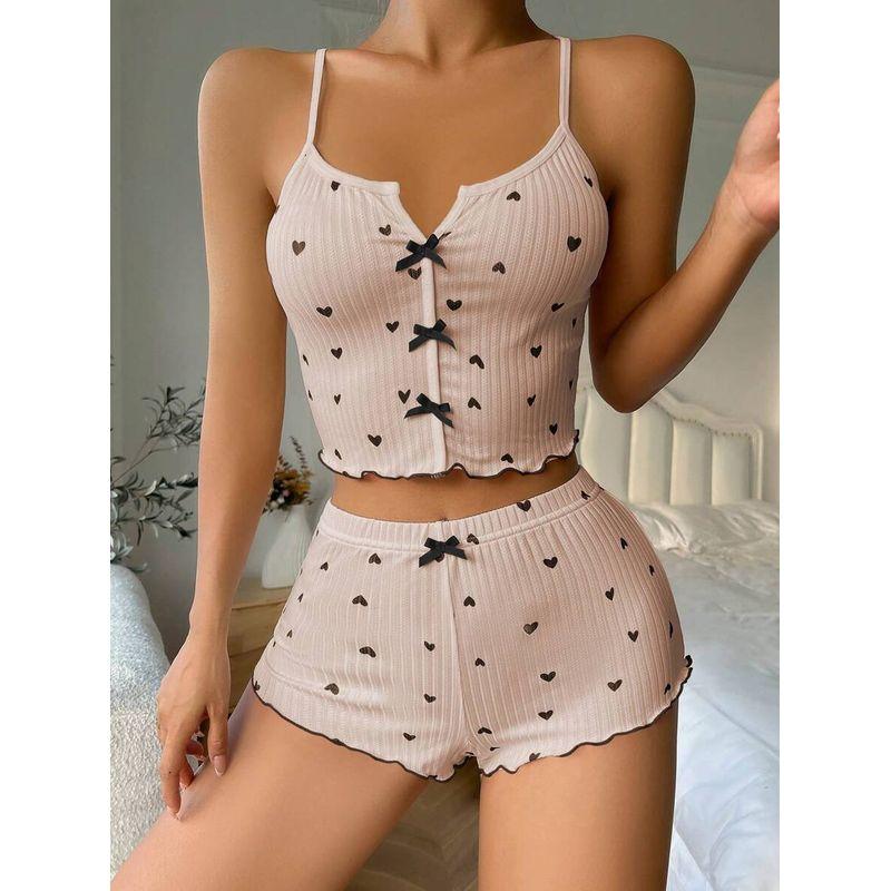 

2025 New Arrival Bow Suspenders Pajamas Spring and Summer Sunken Stripe Heart Women s Printed Two-Piece Suit Sexy Home Wear Kakh XL