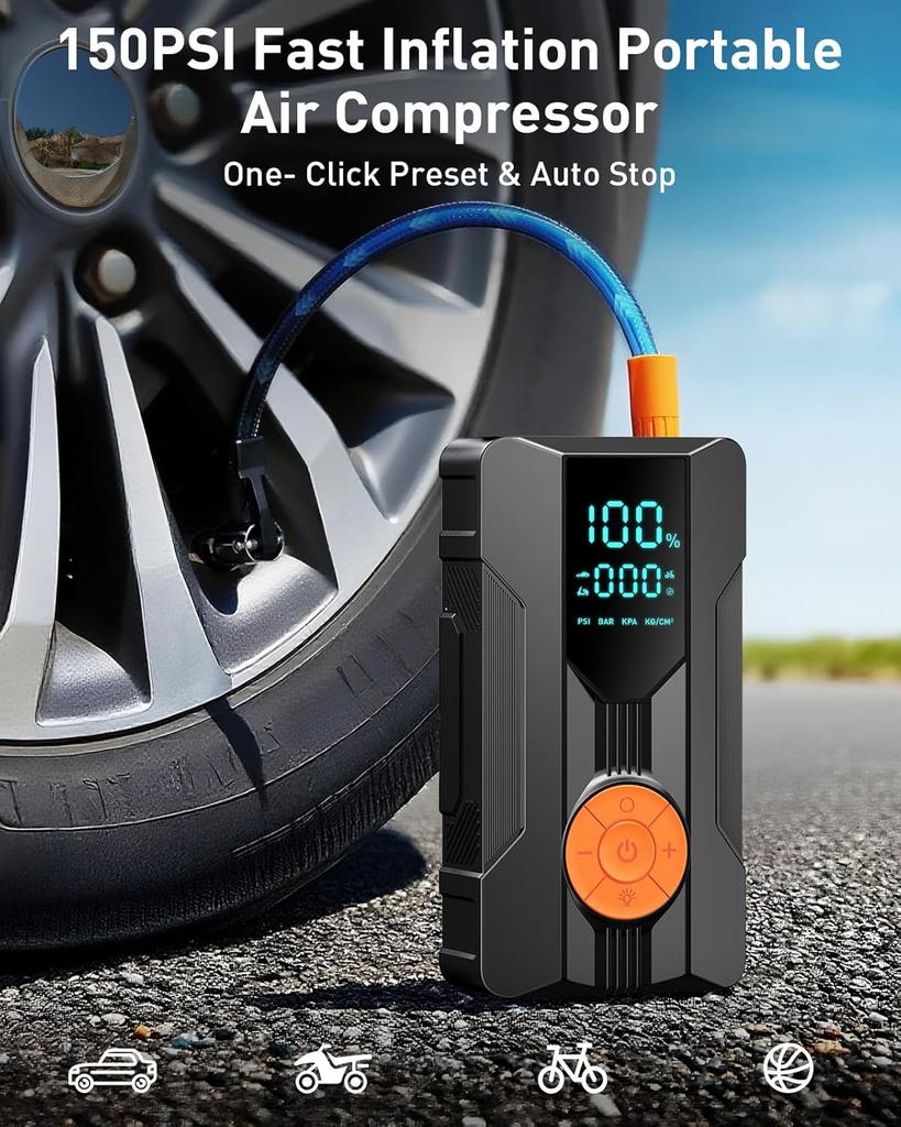 Portable 12V Jump Starter with Air Compressor, LED Light, Tire Inflator for Gas/Diesel Cars
