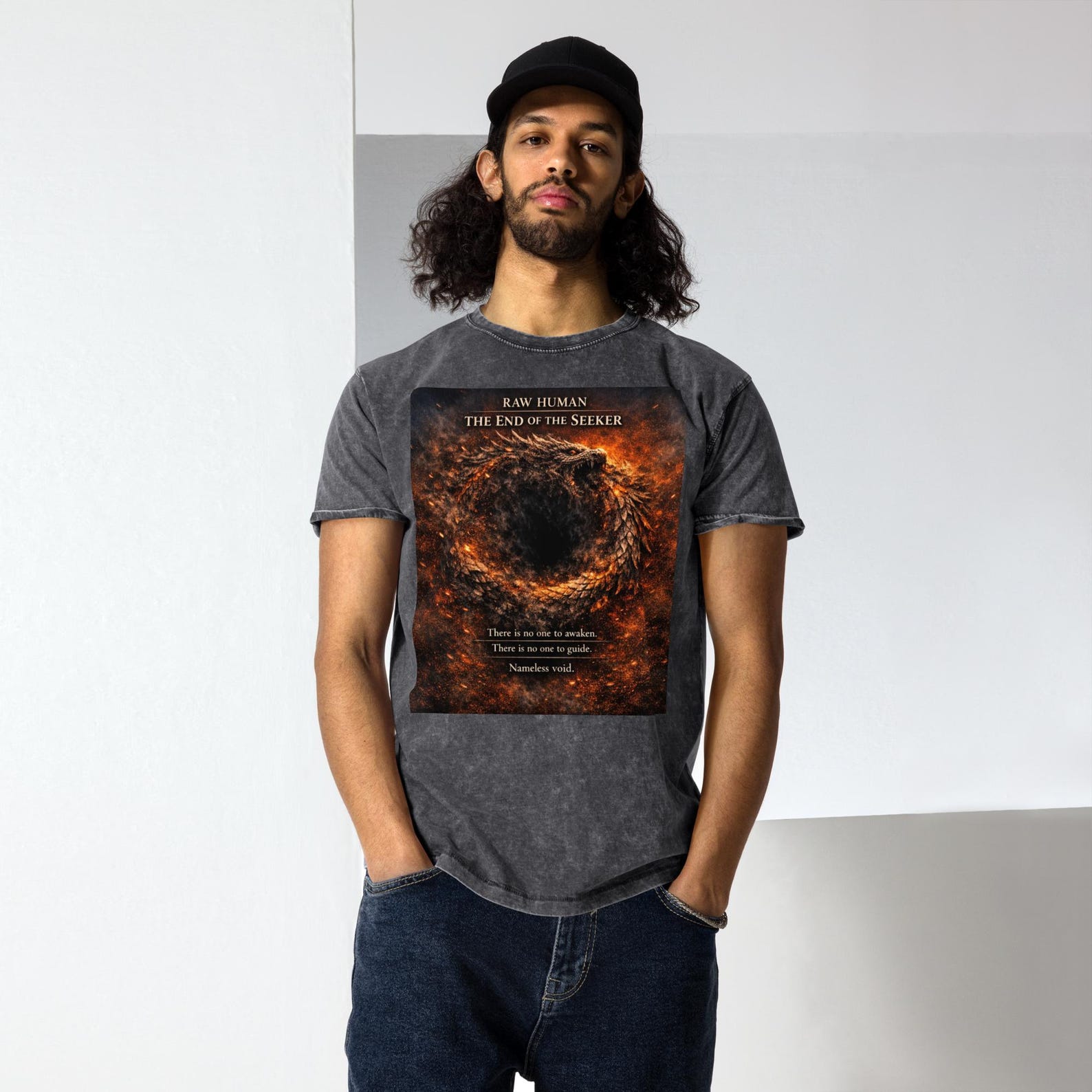 RAW HUMAN — The End Of The Seeker | Ouroboros Dragon T-Shirt, Non-Duality Spiritual Tee, Dark Aesthetic Philosophy Shirt, Unisex Denim Top 3XL