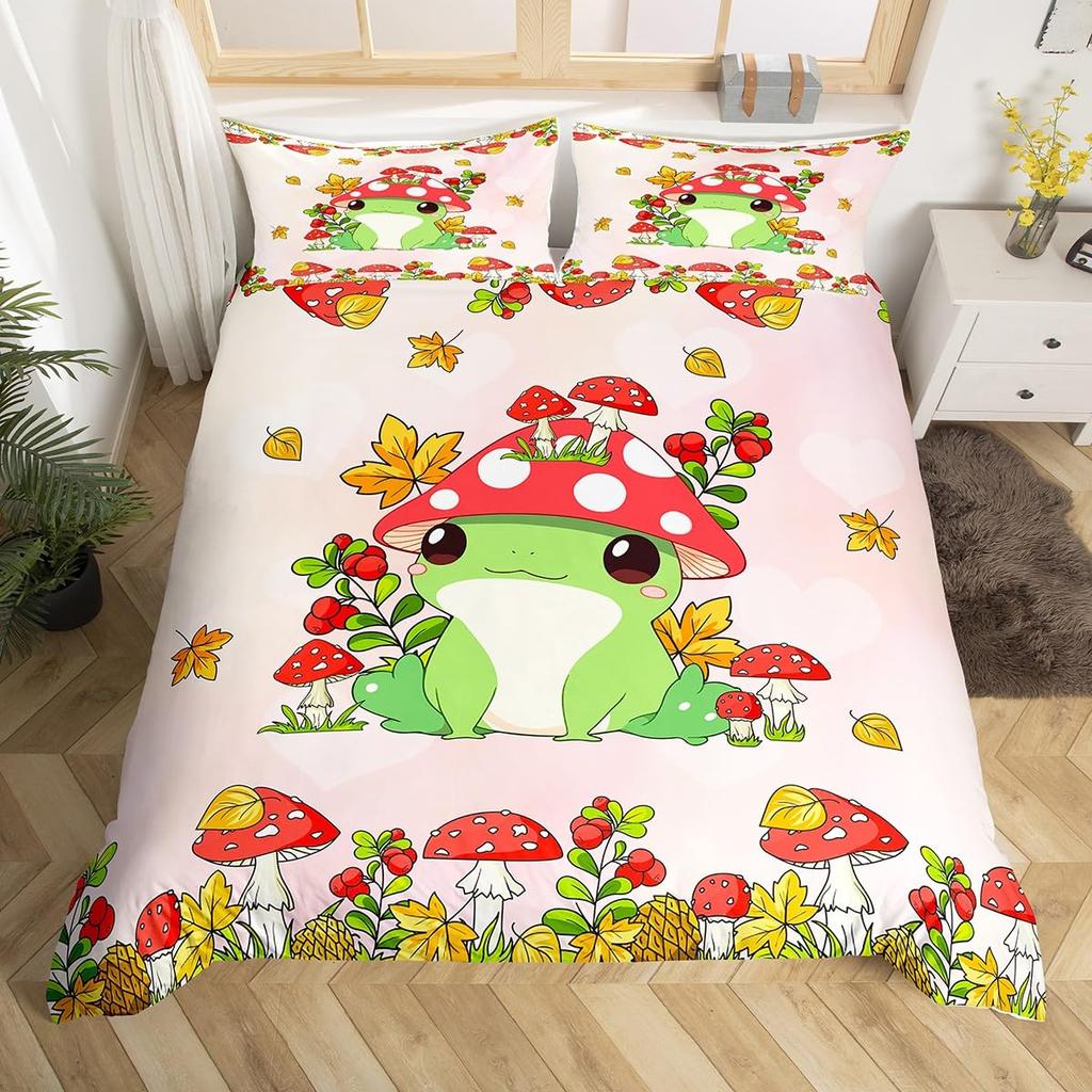 Cartoon Mushroom Frog Duvet Cover Twin Size,Cute Kawaii Green Animal Comforter Cover Maple Leaves Hazelnut Plant Quilt Cover