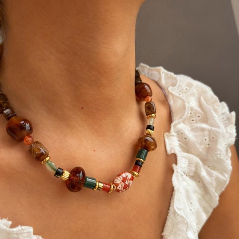 Vibrant Mix Bead Collarbone Necklace With Stainless Steel Closure Stylish Jewelry Gift For Casual Or Formal Outfits