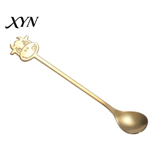 Long Handle Spoon Stainless Steel Coffee Spoon, with Bull Head Decor, Pudding Dessert Multifunctional Stirring for Milk Tea Yogurt Jam Rust Resistant