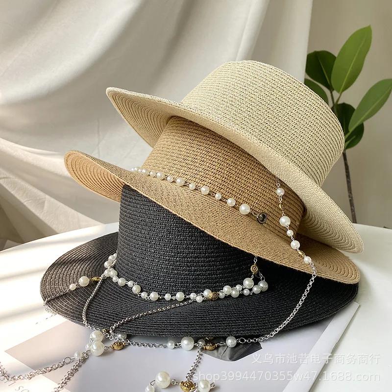 Freedom Outdoors Women's Black French Vintage Pearl Chain Straw Boater Hat Summer Wide Brim Uv Protection Elegant Sun Visor Adjustable 56-58Cm