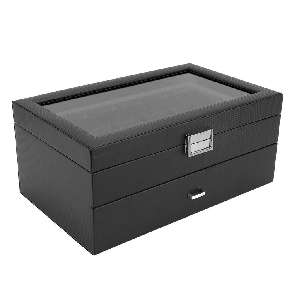 24 Slots Watch Display Box Carbon Fiber Watch Case with Drawer Design Waterproof PU Leather Interior Watch Organizer