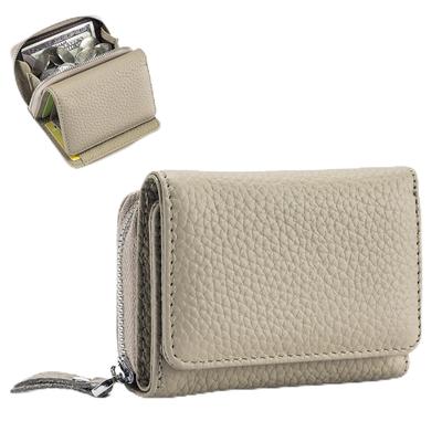 Bearneko Women's Mini Wallet, Compact Tri-fold Wallet, Genuine Leather, Anti-Skimming, Coin Purse, Holds 6 Cards, Large Capacity, Unisex (Grey Beige)