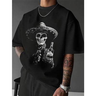Schwarzes T-Shirt mit mexikanischem Totenkopf-Motiv in europäischen Größen – Tag der Toten-Design mit Sombrero, Tequilaflasche und Blumenmustern