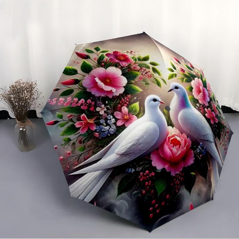 1pc Automatic Open/Close White  Pink Dove  Rose Flower Umbrella - 8-Rib Compact Folding Umbrella with White Doves  Pink Ros
