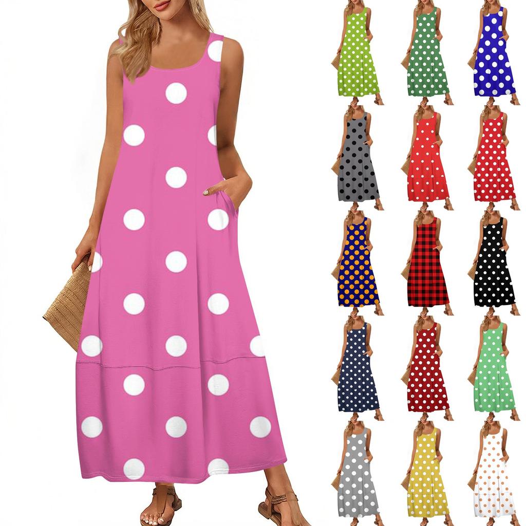 Women's Fashion Casual Sundress Summer Beach Dress Round Neck Sleeveless Loose Print Sundress