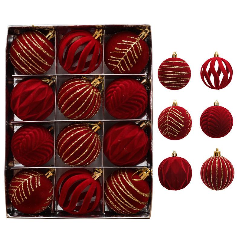 Roter Beflockter Bordeauxroter Samt Weihnachtsbaumkugel-Schmuck, 12er-Pack (6cm)