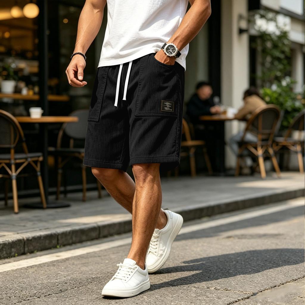 Men's Casual Corduroy Drawstring Shorts with Front Patch Pockets and Elastic Waistband Suitable for Everyday Wear and Outdoor Activities