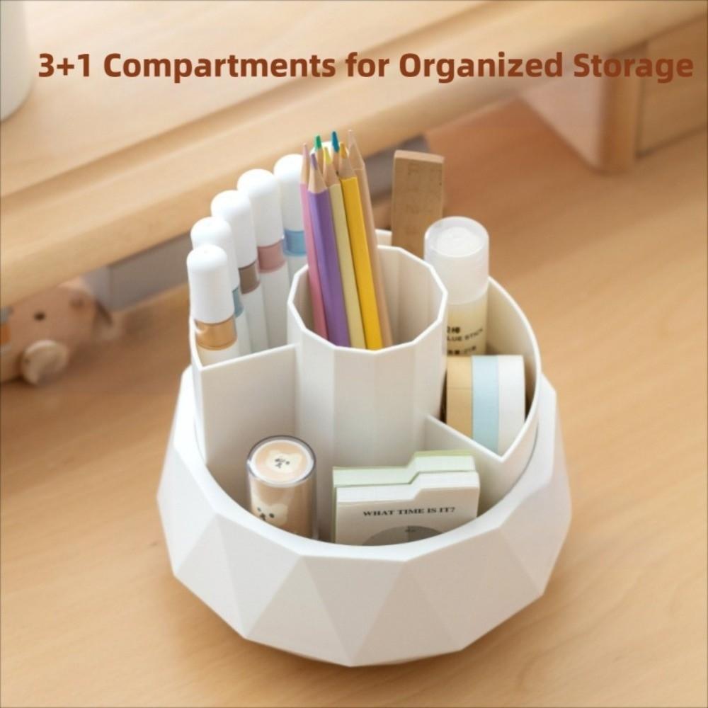 Large Capacity Pencil Storage Box 4-Grid Makeup Brush Organizer 360° Rotating Pen Holder Desktop