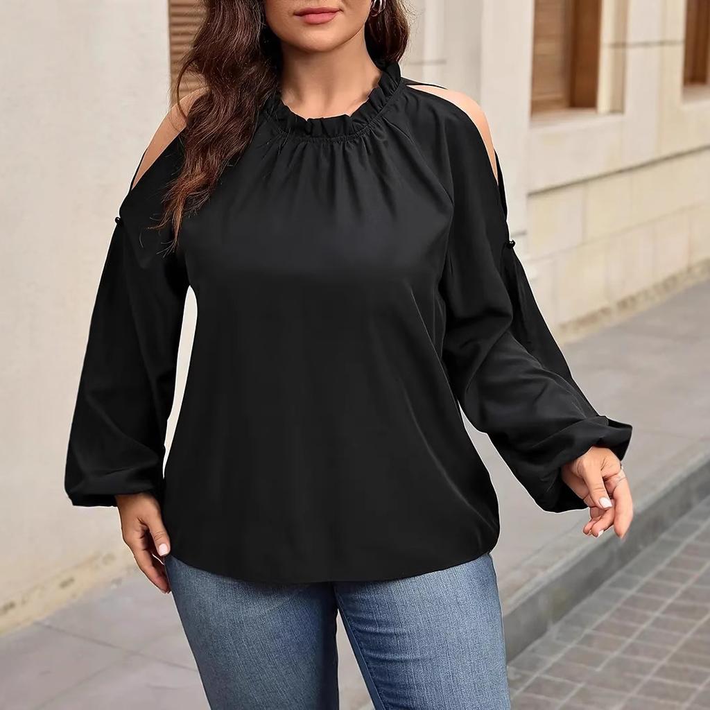 Plus Size Women's Shirt Solid Color Strapless Lantern Sleeve Tops Ruffle Blouse