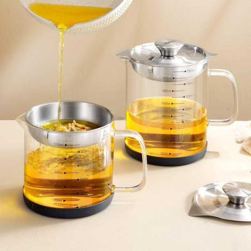 1L/1.5L Stainless Steel Glass Oil Strainer Pot Container Jug Storage Can With Filter Cooking Oil Pot For Kitchen Household Tools