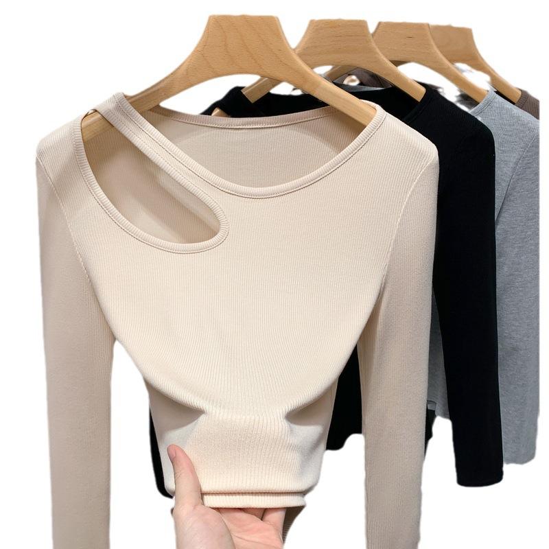 Single Piece Thread Base Shirt for Women New Women's Solid Color Round Neck Long Sleeve T-shirt with Sexy Hollow Shoulder Top