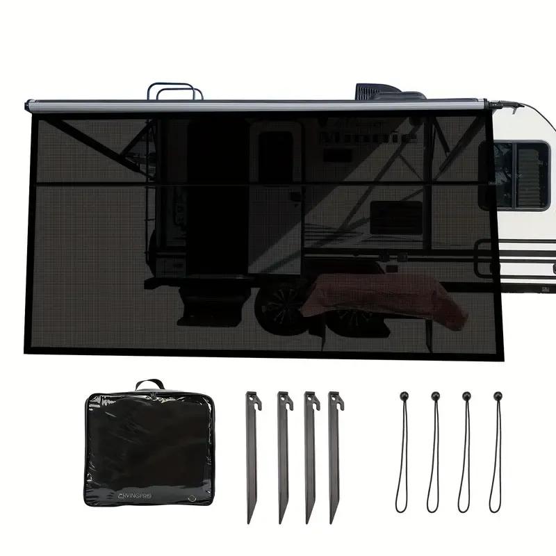 8x15.3ft Black Mesh RV Sunshade Windproof UV Resistant Privacy Screen With Ground Nails Ropes Outdoor Camping Accessories