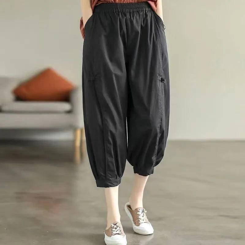 

Брюки-шаровары Seven Points Fashion для женщин, летние, тонкие, эластичные, с высокой талией, однотонные, с карманами, повседневные шаровары XS чёрный