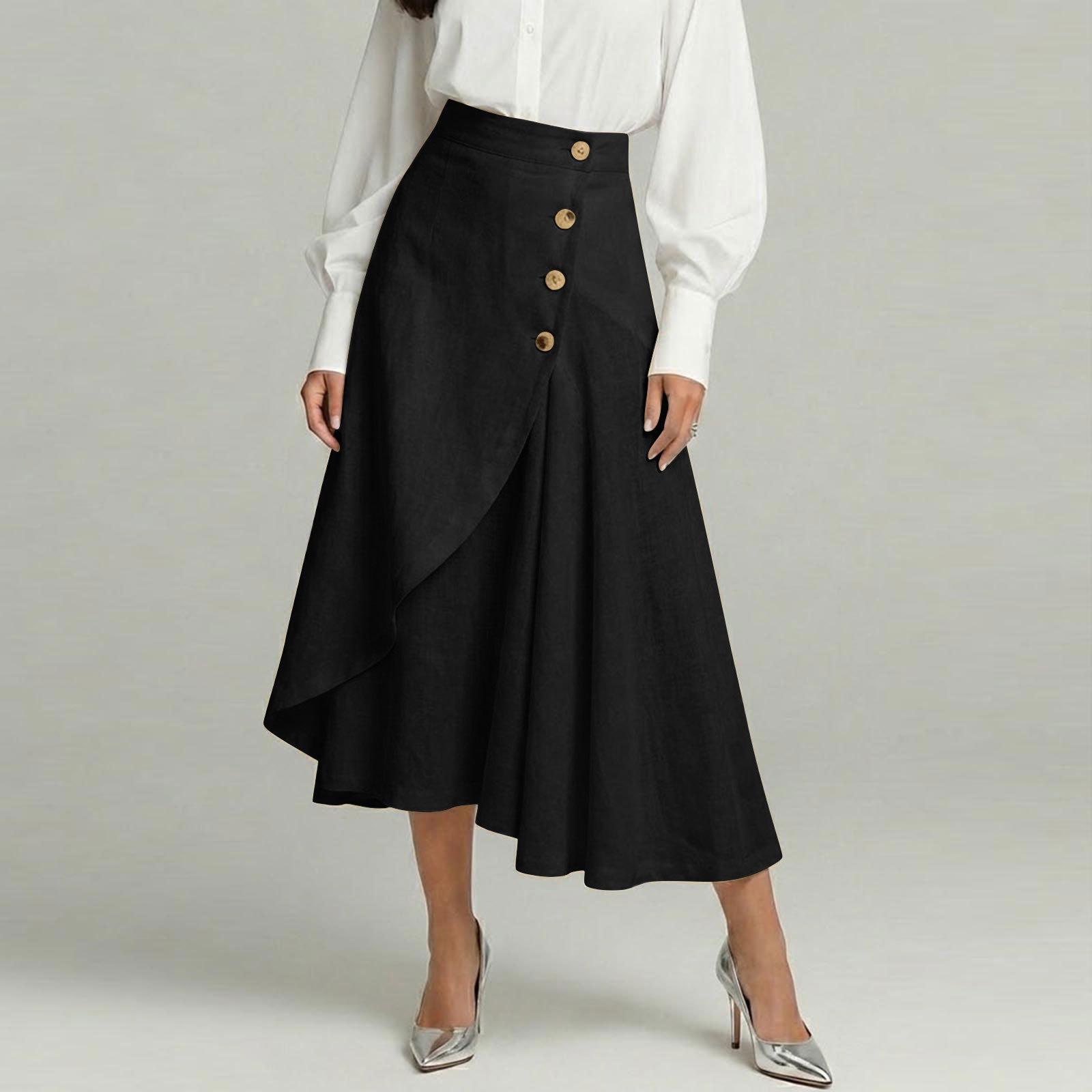 

Women s Fashionable Cotton-Linen High-Waisted Button-Front Asymmetrical -Color Skirt L чёрный