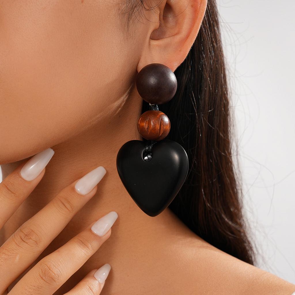 Dark Wind Personality Wood Round Love Silver Needle Earrings Fashion ins Earrings