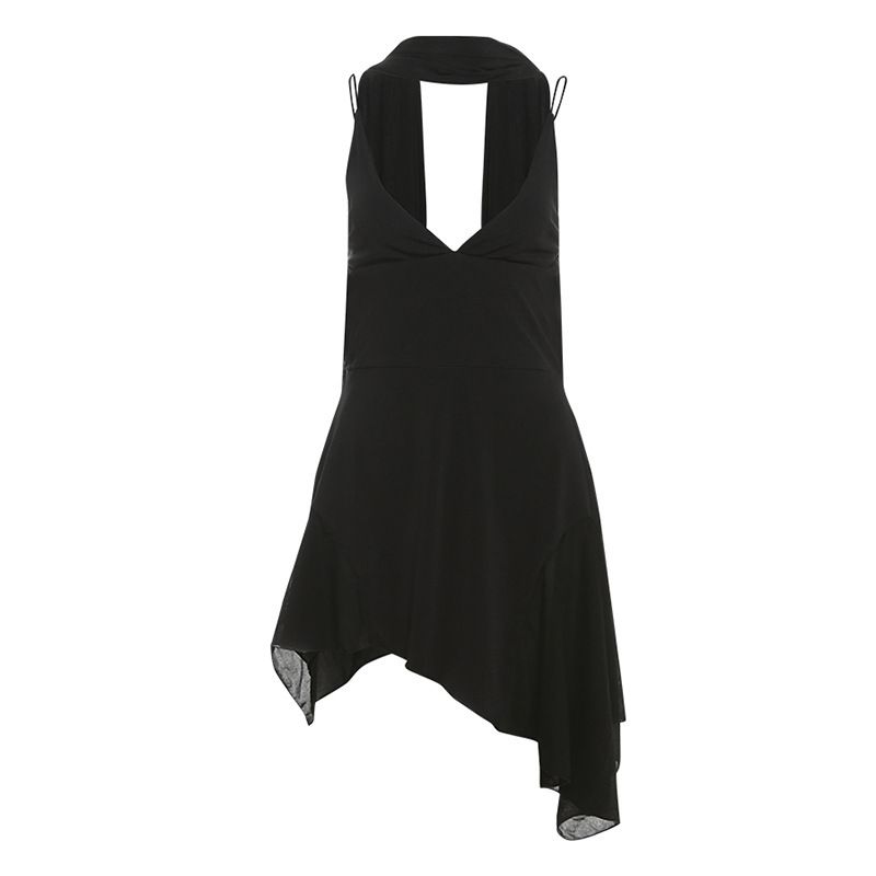 

Fashion Style Spring 2025 New Arrival Women s Clothing Pure Color Sexy Open Back Scarf Collar Slim Fit Slimming Spaghetti Straps Dress Women Black L